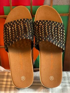 bernie mev. Black & Gold Braided Slide Sandals